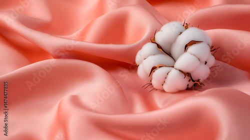 Isolated cotton flower placed on soft pink fabric with natural folds
