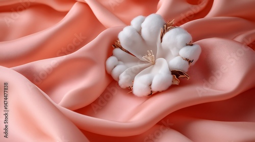 Isolated cotton flower placed on soft pink fabric with natural folds