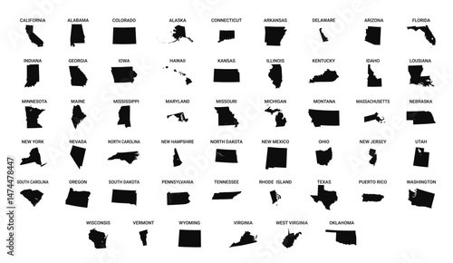 American states vector silhouette collection. Political states borders of USA set.
