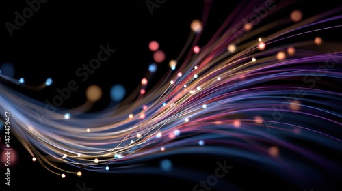 Colorful Fiber Optic Cables with Glowing Points on a Dark Background