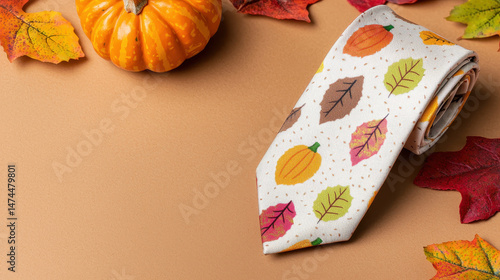 Chic Thanksgiving tie with subtle pumpkin and leaf patterns, surrounded by autumn leaves and small pumpkin, evokes warmth