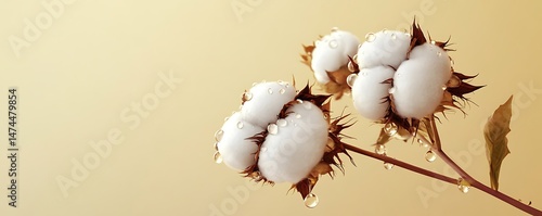 Isolated cotton flower with dewdrops against a soft cream-colored background