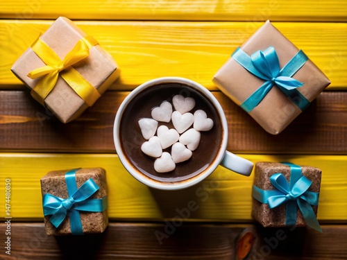Cozy Winter Coffee Scene: Marshmallows, Heart, Gifts