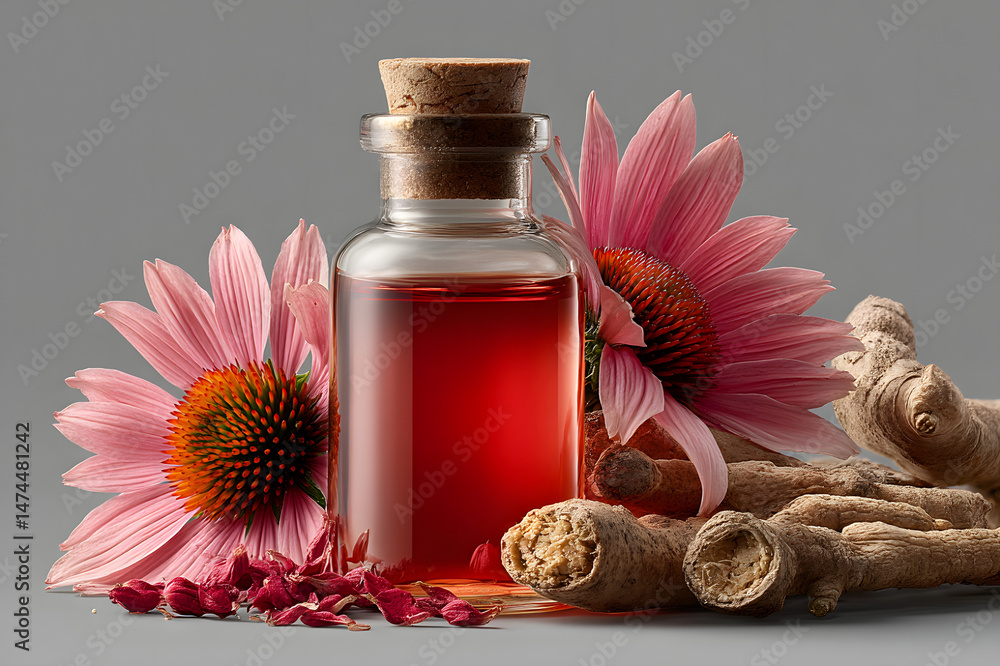 © Penkinn - echinacea extract in a glass bottle, with flower stem and leaves. for immune booster and sleep, relax, alternative medicine concept. © Penkinn - echinacea extract in a glass bottle, with flower stem and leaves. for immune booster and sleep, relax, alternative medicine concept.