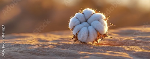 Raw cotton boll on rustic stone surface, natural organic cotton fiber in golden sunset light, soft textile material for sustainable fashion industry