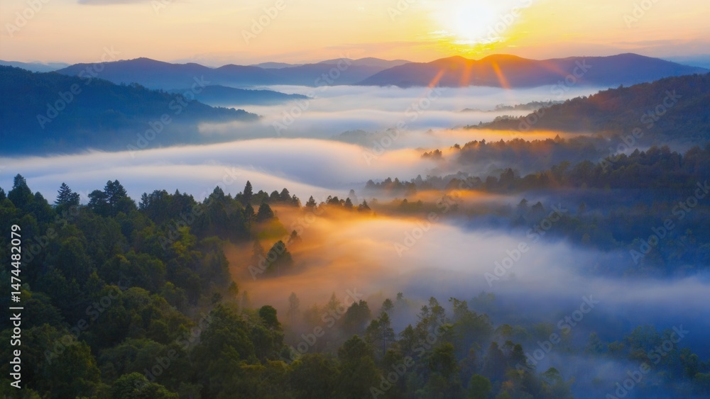 Scenic sunrise over misty mountain range with lush green forest Scenic sunrise over misty mountain range with lush green forest