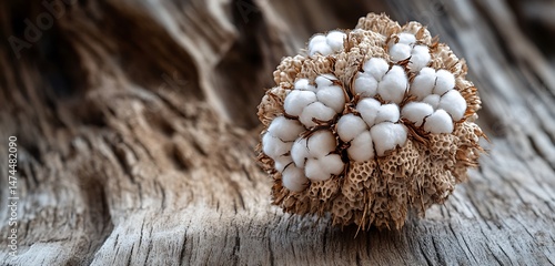 Macro shot of a fluffy cotton boll with intricate texture on pale wood