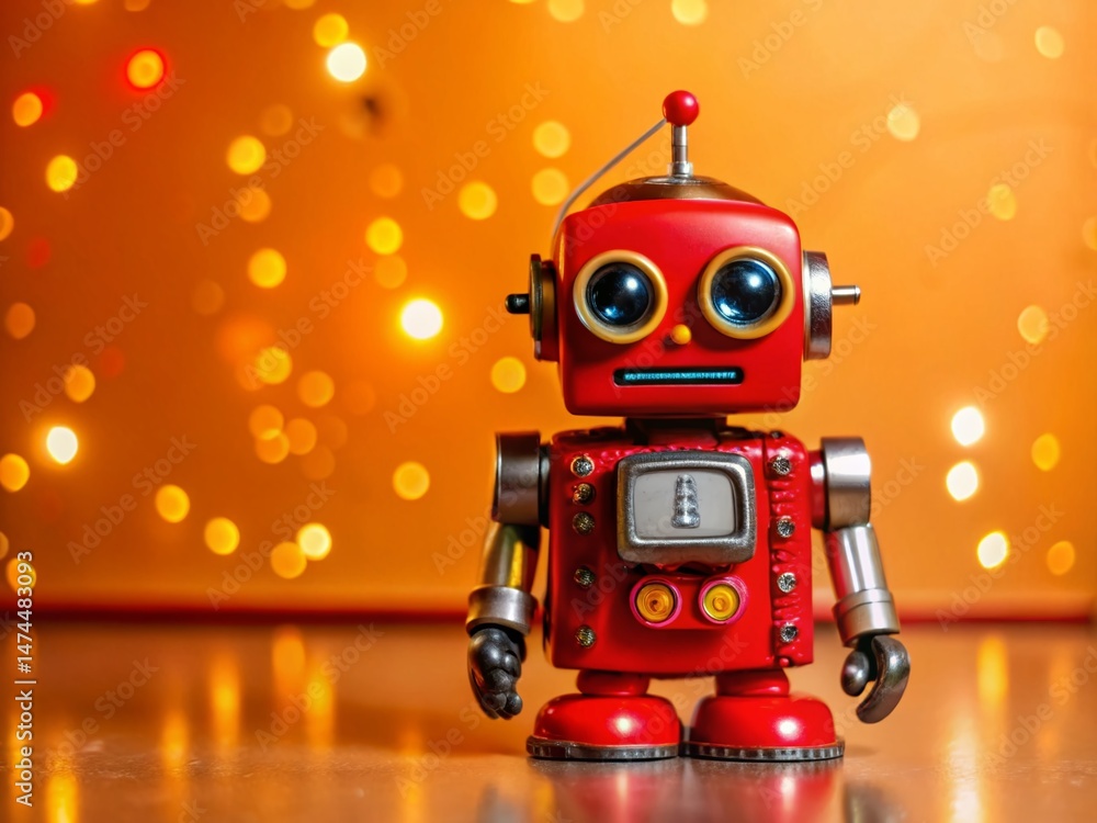 Fototapeta premium Cute Tiny 3D AI Robot with Antennae, Bokeh Background Stock Photo