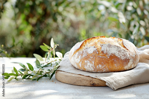 Freshly baked artisan bread on wooden board surrounded by greenery, evoking warm and inviting atmosphere