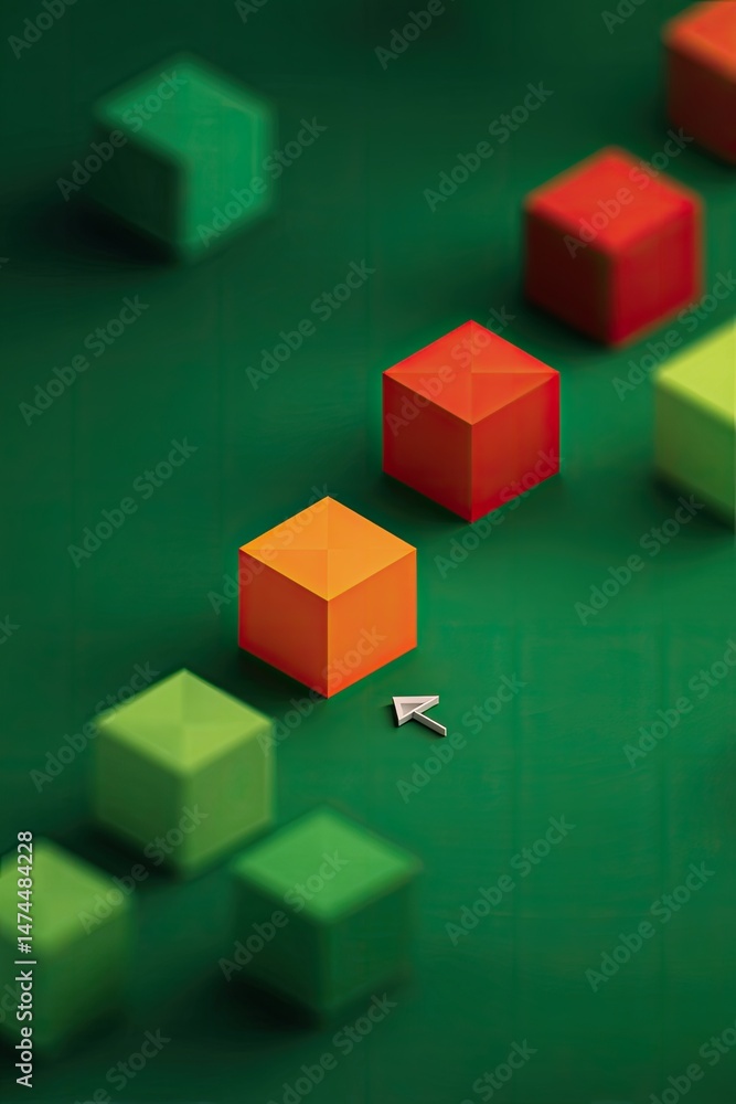 Geometric shapes in varying colors arranged in a row, with a single arrow Geometric shapes in varying colors arranged in a row, with a single arrow