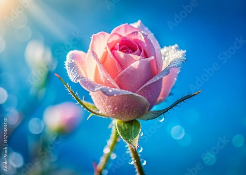 Delicate Pink Rosebud Blooming Against a Vivid Blue Sky - Spring Floral Background