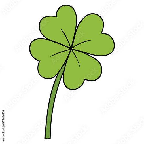 Hand drawn cartoon green four leaf clover on white background.