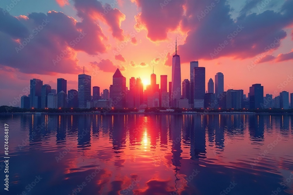 Obraz premium Modern cityscape skyline at sunset, reflecting success and growth , architecture, dynamic