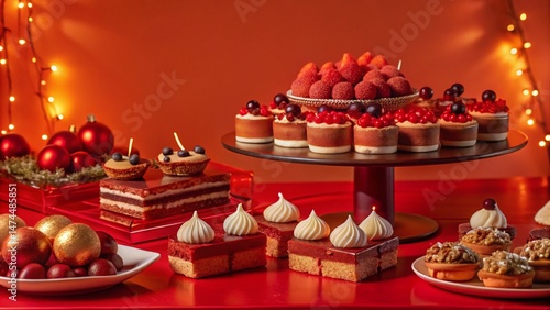 Delicious Festive Dessert Buffet: Close-Up of Sweet Treats in Low Light