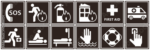 First aid sign set. Emergency icons. Sos, ambulance, paramedic, hospital, resuscitation, fire action, lifebuoy, lifeguard symbols. Emergency situation signs.