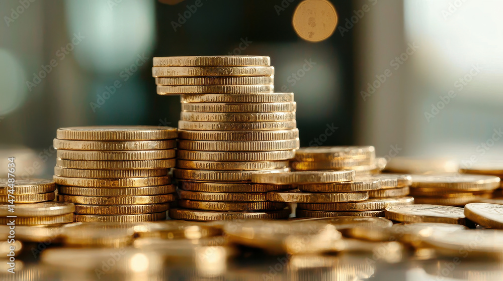 Stacks of shiny gold coins create sense of wealth and investment opportunities, reflecting financial growth and prosperity Stacks of shiny gold coins create sense of wealth and investment opportunities, reflecting financial growth and prosperity