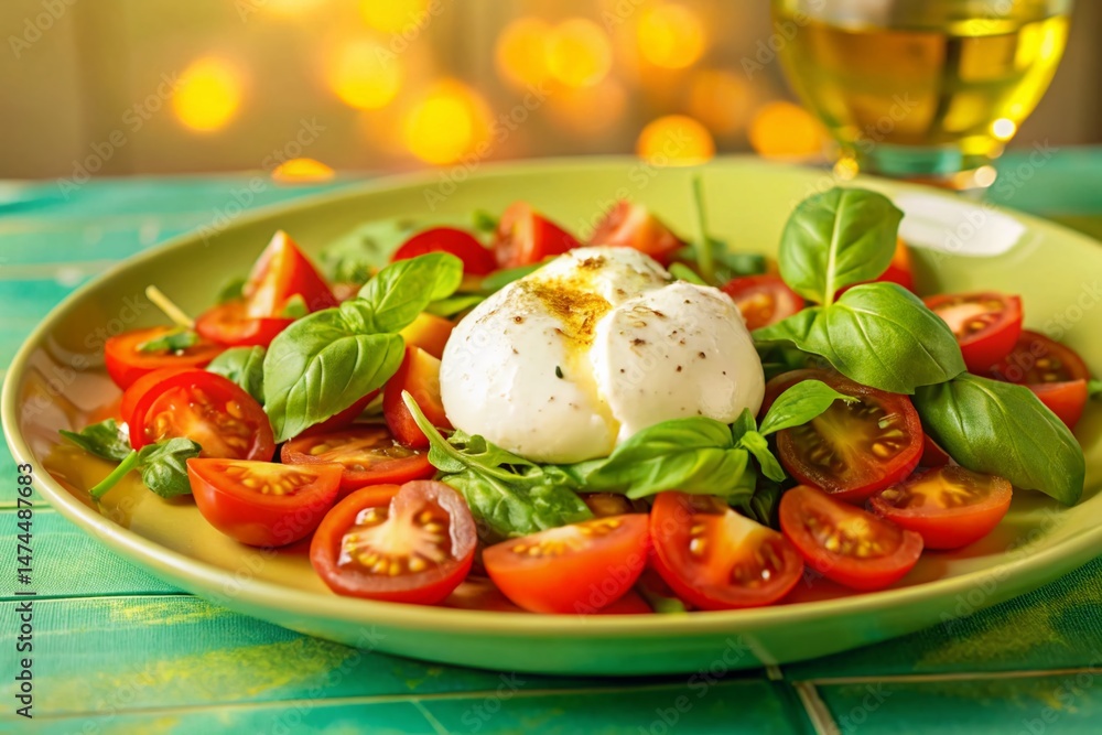 Delicious Mozzarella Salad with Burrata, Tomatoes & Basil - Bokeh Background Delicious Mozzarella Salad with Burrata, Tomatoes & Basil - Bokeh Background