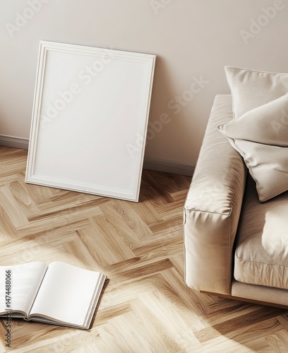 Beige Couch With Blank Sheet Of Paper And Open Book In A Minimalist Living Area