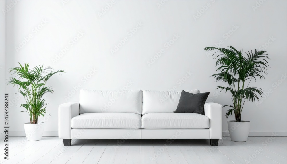 Modern White Sofa with Green Plants in Minimalist Living Space Modern White Sofa with Green Plants in Minimalist Living Space