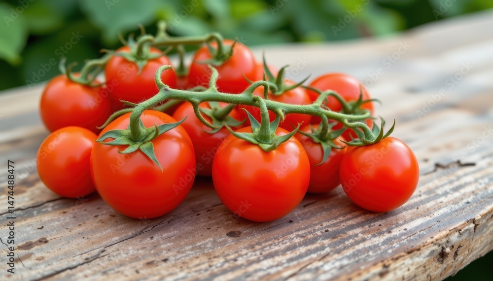 Fresh Ripe Tomatoes Gathered on Wooden Surface with Greenery Background Fresh Ripe Tomatoes Gathered on Wooden Surface with Greenery Background