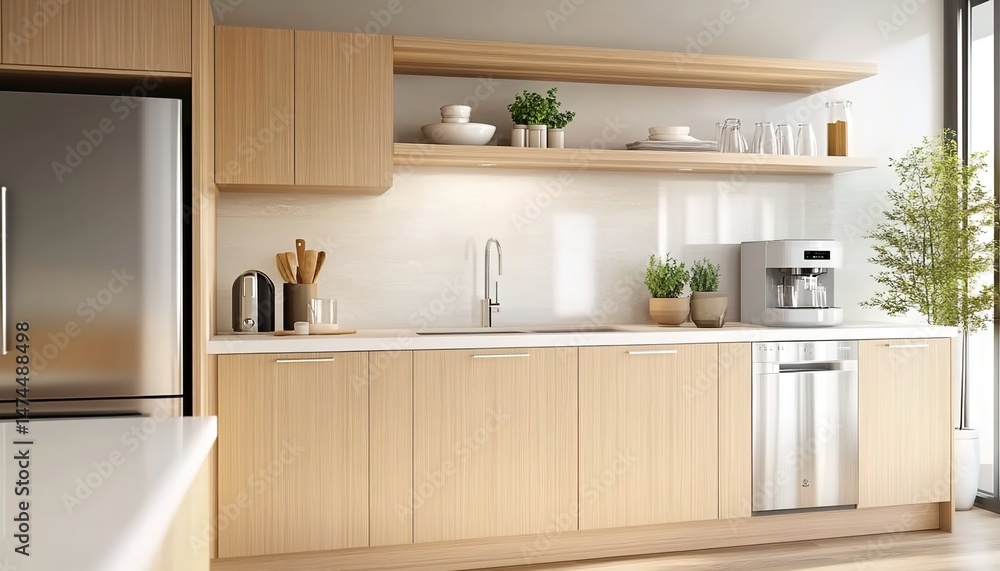 Fototapeta premium Modern kitchen with light-wood cabinets, stainless appliances, and open shelves.