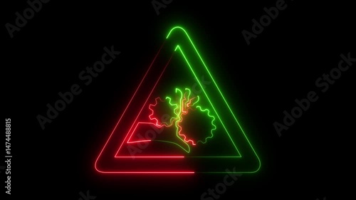 Warning symbol on the screen with cyan color on black background and. 