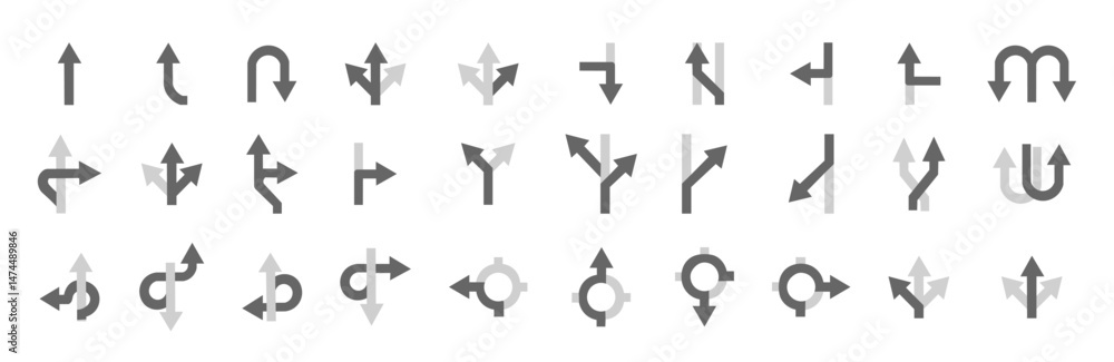 Road crossings, circles and turns vector icon set. Road layouts with intersections and curves Road crossings, circles and turns vector icon set. Road layouts with intersections and curves