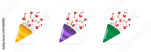 Confetti party cracker popping vector set. Celebratory confetti and party poppers collection