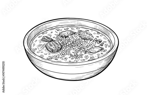 Meat and rice soup illustration in a bowl, featuring a hearty and comforting dish in vintage style