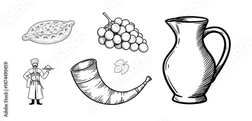 Georgian cuisine elements including wine pitcher, horn, grapes, and khachapuri illustration in vintage style