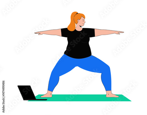 Plus-size woman practicing yoga at home with online classes for fitness concept