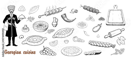 Georgian cuisine menu with traditional dishes and chef illustration in vintage style