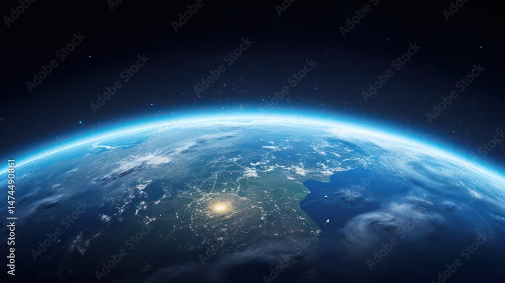 Fototapeta premium A planet with a blue atmosphere and a green ocean, viewed from space, with a city lights visible on the horizon.