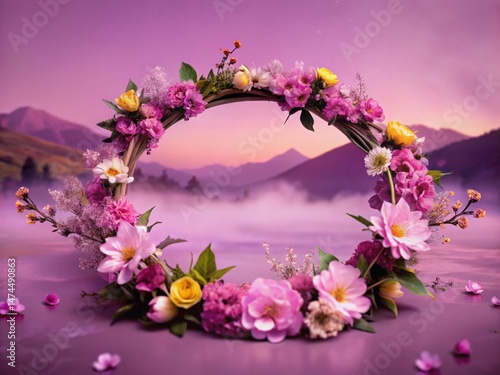 Double Exposure Floral Wreath: Pink Blossoms & Dreamy Landscape