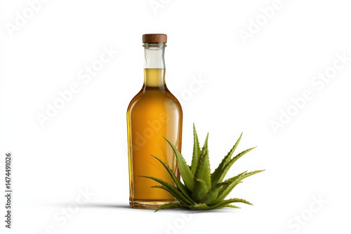 Golden aloe vera oil in a glass bottle. Natural beauty product.