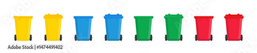 Trash cans on wheels in different colors, yellow, blue, green and red vector illustrations. Colorful rolling trash bins for waste sorting