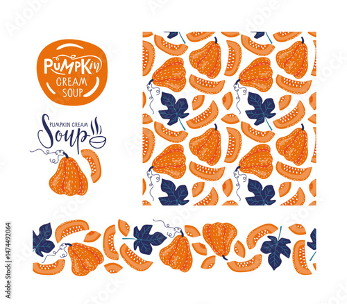 Pumpkin cream soup logo and seamless patterns for packaging. Season design with pumpkin vegetables. Special autumn offer for cafe or restaurant menu, Advertising, packaging, wallpaper.