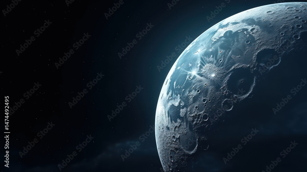 Obraz premium A blue and white lunar surface with craters and a bright star in the background.