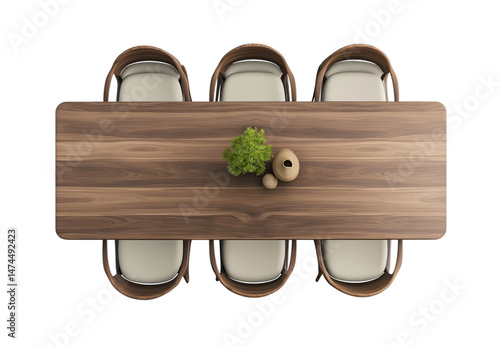 Top view of dining table with chairs on transparent background, cutout.