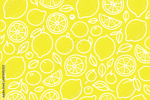 Yellow lime and lemon illustrations with white outlines repeat rhythmically in a seamless doodle pattern ideal for textiles or digital prints.

