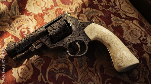 Revolver with ornate engravings and ivory handle on patterned fabric surface.