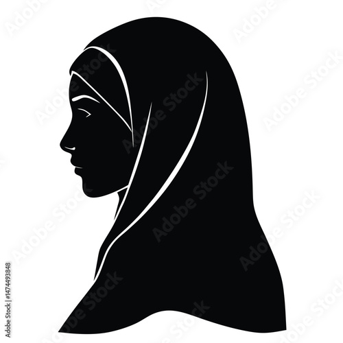 Black silhouette displays a pensive Muslim woman wearing hijab in profile view