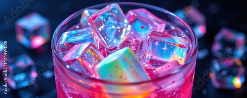 iced drink with neon pastel ice cubes, sparkles floating inside