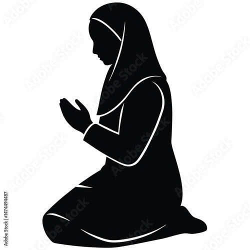 Black silhouette reveals Muslim woman kneeling in prayer with a serene and humble pose