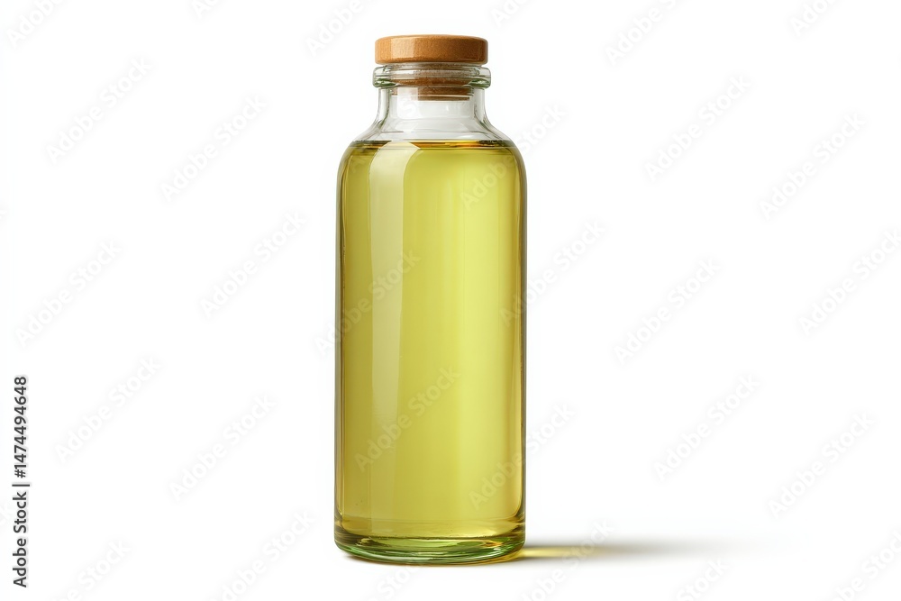 A bottle of golden oil with a wooden cork. A bottle of golden oil with a wooden cork.