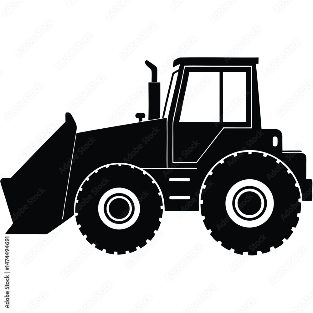 Naklejka premium Black silhouette showcases a heavy construction front loader with large wheels for earthmoving work