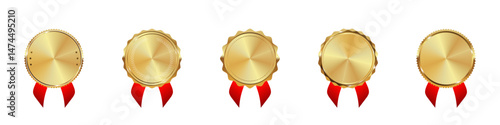 Golden medal with ribbon blank template vector set. Blank golden medals with ribbons