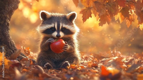 Fototapeta Naklejka Na Ścianę i Meble -  Cute Raccoon Eating an Apple in Autumn.