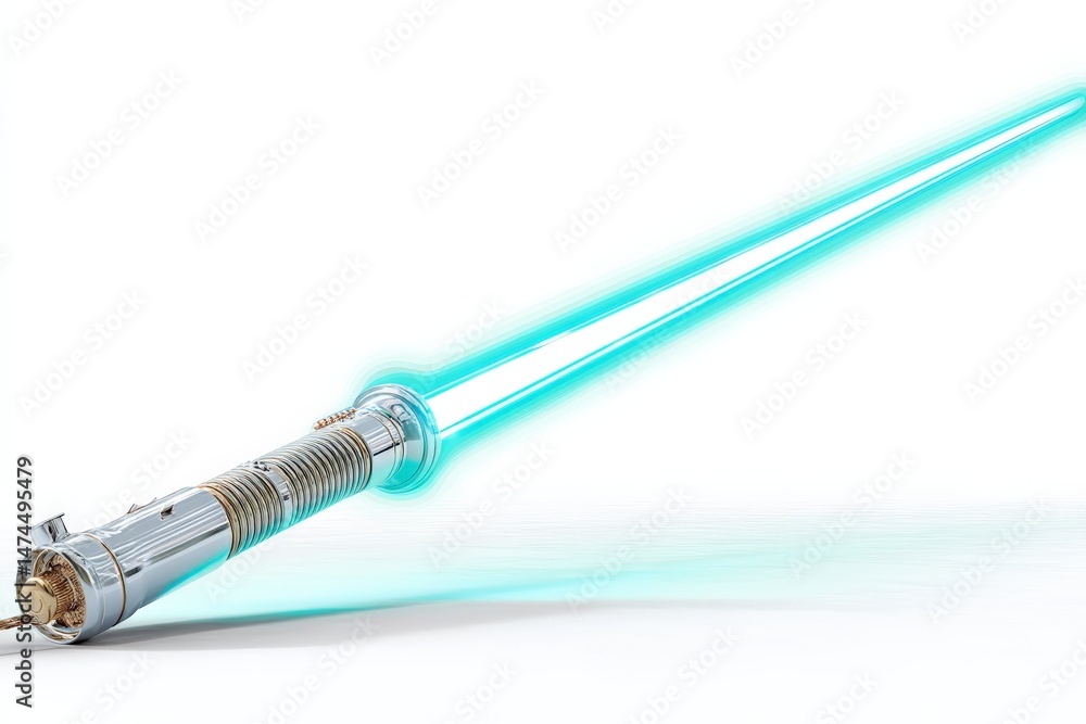 Fototapeta premium Futuristic glowing weapon displayed with striking blue beam in a minimalist white background