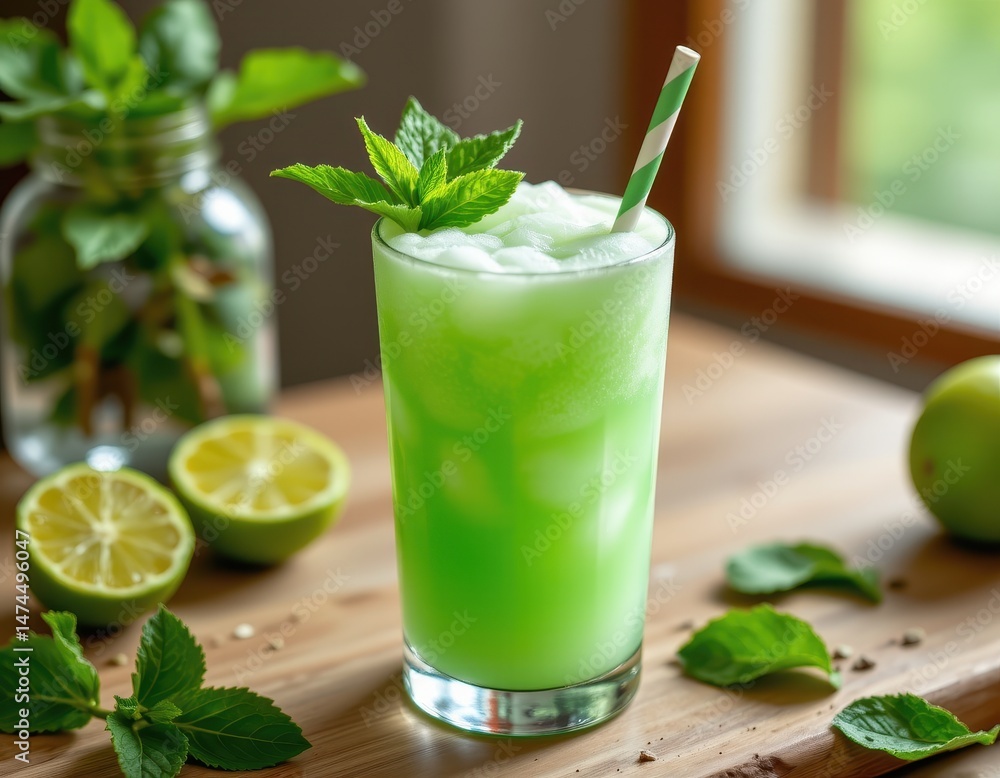 Fototapeta premium a mojito inspired mint and lime slushy, sparkling in a pastel green tone
